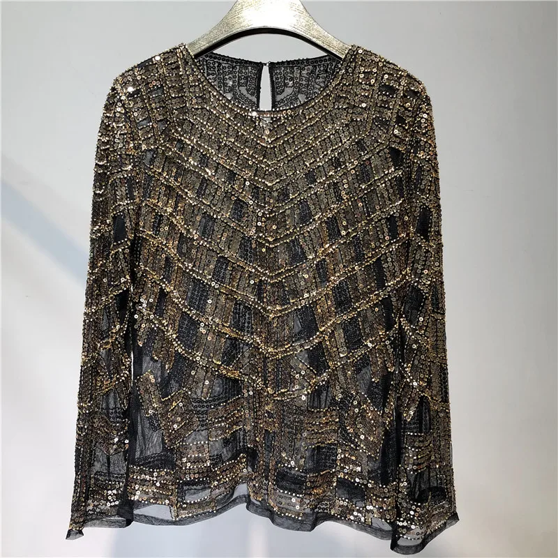 Fashion Sequin Beading Shirt Women Luxury Sexy Full Sleeve O-neck Pullovers Tops