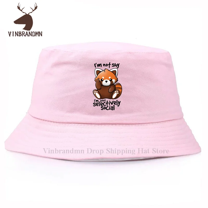 Fashion Custom Shy red panda Baseball caps 2021 summer men women Funny 100% Cotton Male cool Bucket hat Cute panda Fishing hats