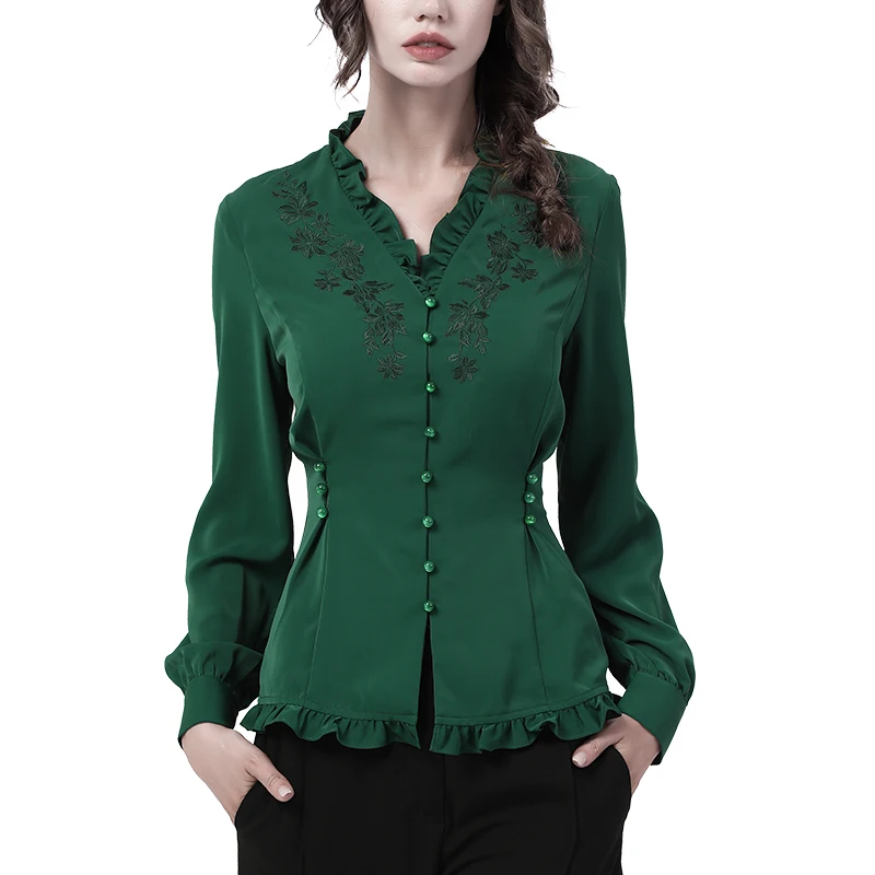 Vintage Embroidery Long Sleeve Women\' Shirt 2021 Autumn New Ruffled V-Neck Satin Top Dark Green Elegant Slim Tunic Blouses