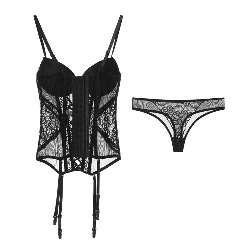 Black high quality woman court corset lace gathered lace vest tight garter suit sexy jumpsuit bodysuit