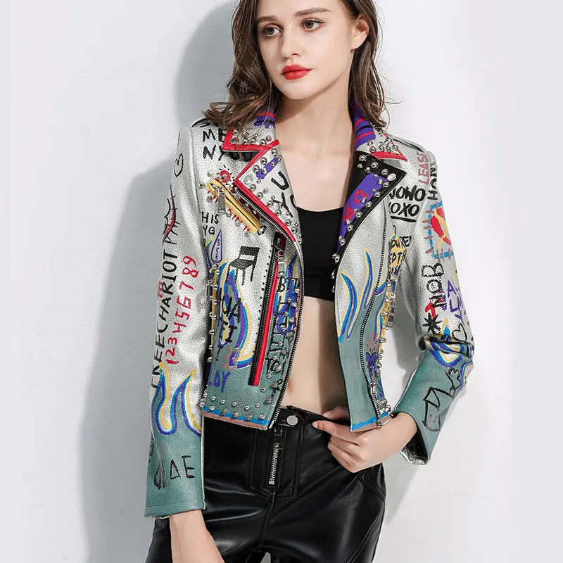 Chaqueta de cuero sintético para mujer, abrigo con remaches, bordado Floral y águila, estilo DJ Punk
