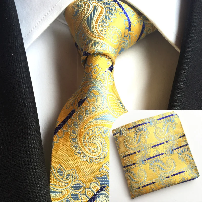 New Silk Classic Paisley Neck Tie&Pocket Square Hanky Suit Set Wedding Men\'s Tie Handkerchief Gold Purple Pink Blue Yellow