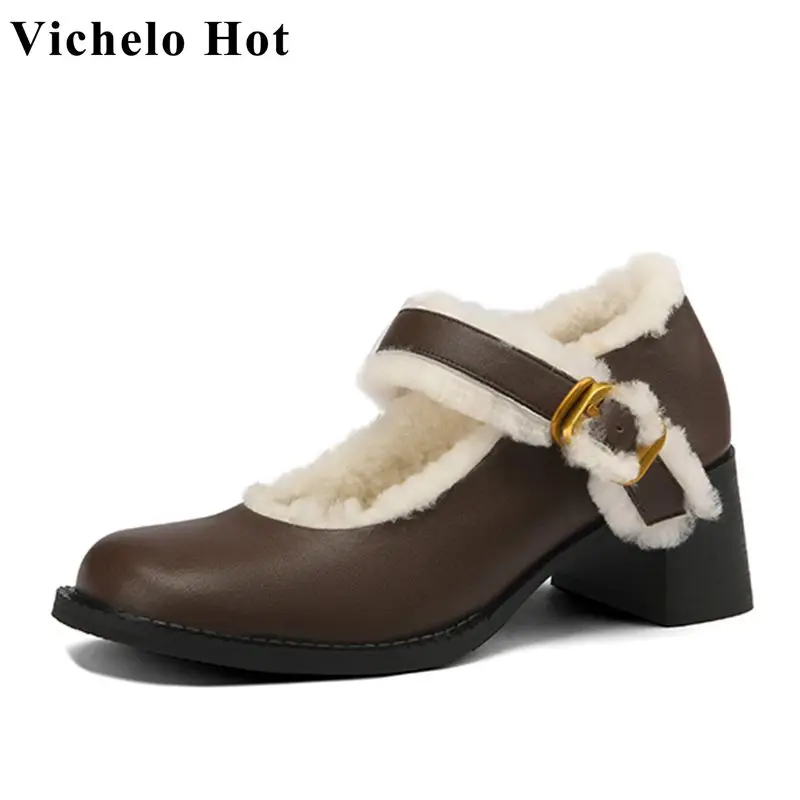 

Vichelo Hot Roman buckle straps cow split leather round toe thick high heels square button winter wool preppy style pumps l25