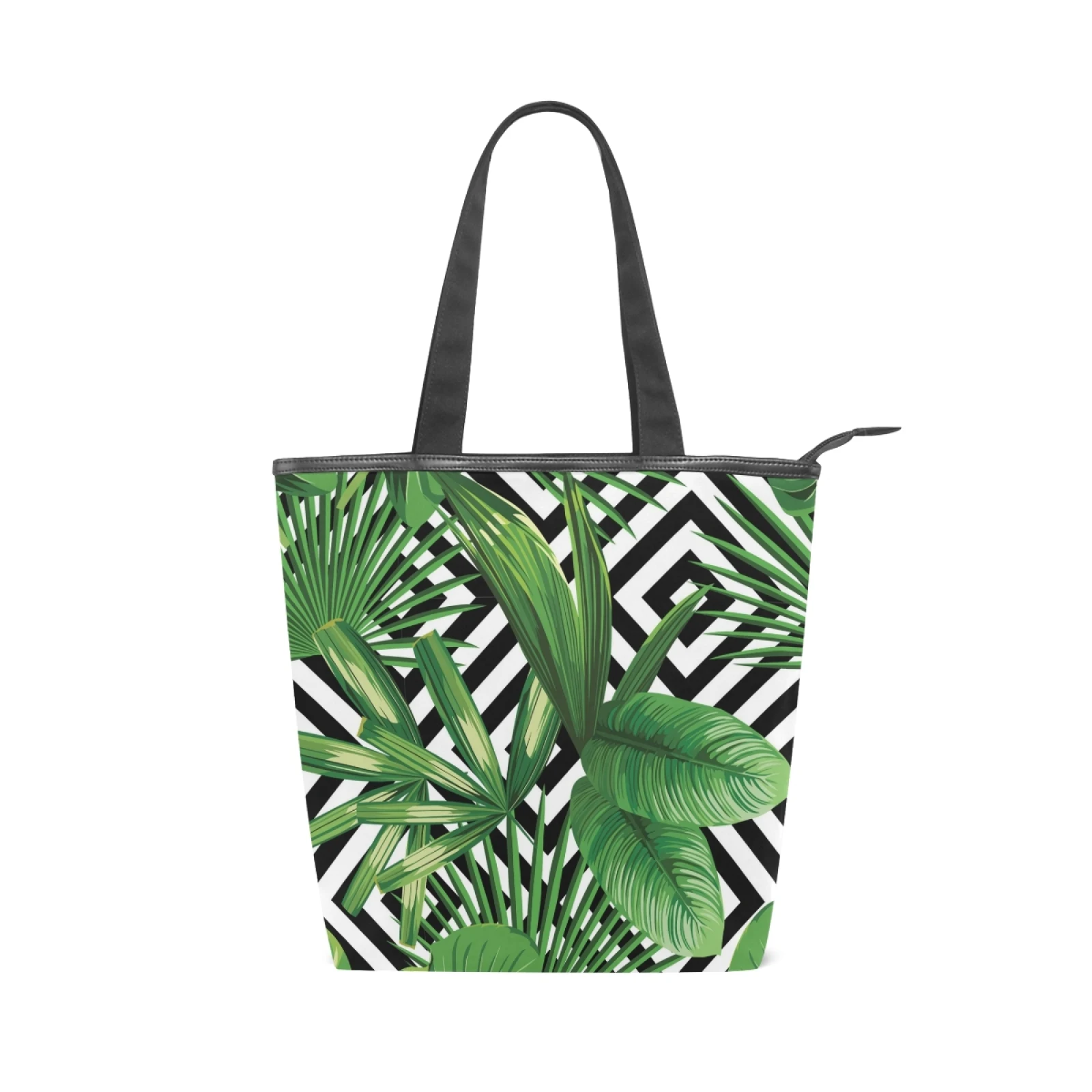 Jungle Tropical Palm Leaves Striped zipper Canvas Bag Female Shoulder Bag Fashion Eco Tote Shopping Bags for Women Harajuku Bags