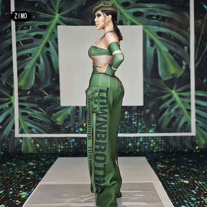 three pieces bodysuit hat Green Military Uniform wide leg jumpsuit birthday Nightclub Outfit  jazz Dance Stage drag queen clothe