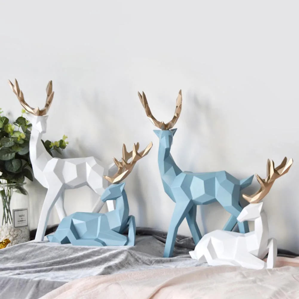 2Pc Deer Decor Statue Resin Sculpture Geometric Home Decor Nordic Statues Deer Figurines Modern Decoration Abstract Tabletop