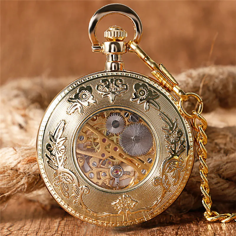 Luxury Unisex Handwinding Mechanical Pocket Watch Manually Skeleton Clock Arabic Number Dial Golden Pendant Chain