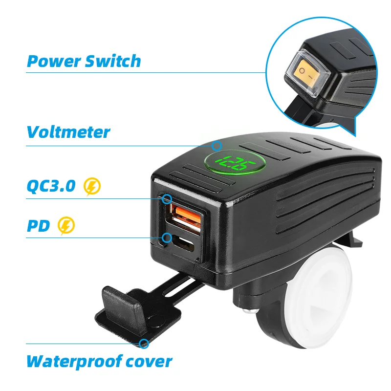 Cargador Usb tipo C de carga rápida para motocicleta, adaptador de corriente de 36W, voltímetro de 12V, interruptor de enchufe de salida, teléfono