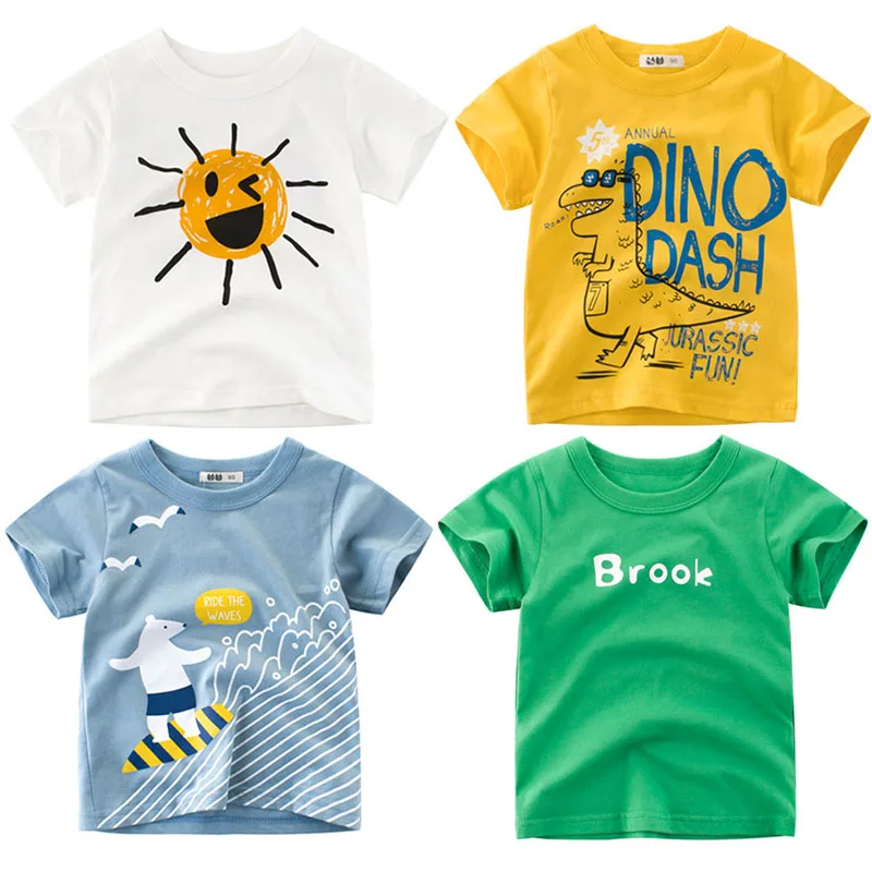 

4 Pieces Boys Girls Unisex Smile Dinosaur Varied Cartoon Tee Twins Brook Ride The Waves Slogan Kids Toddler Cotton Tops 1-8T