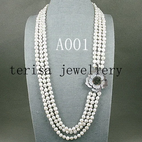 

Terisa Pearl Jewelry White Color 3 Rows AA 8-9MM Baroque Genuine Freshwater Pearl Necklace Shell Flower Clasp Perfect Women Gift