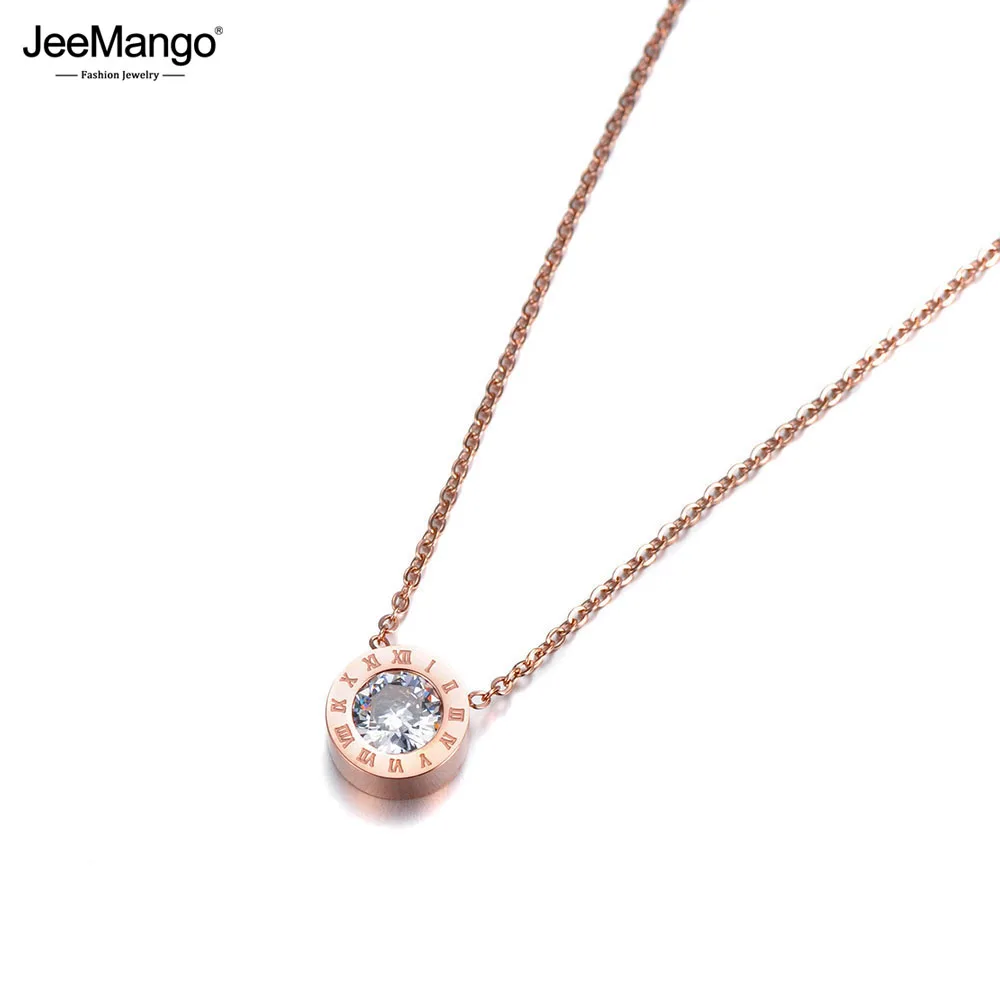 JeeMango Classic Round 2Ct Cubic Zirconia Pendant Necklace Jewelry Stainless Steel Chokers Necklace For Valentine\'s Day JN18004