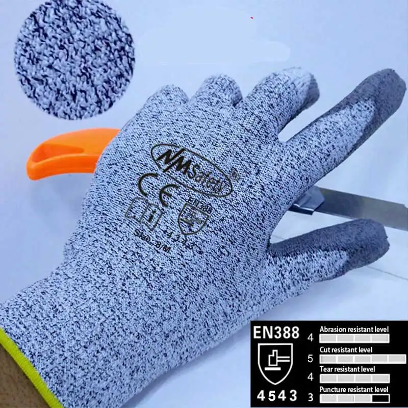 NMSafety High Quality 6 Pairs HPPE Anti-Cut Resistance Glove With PU On Palm Cut-Proof Safety Gloves