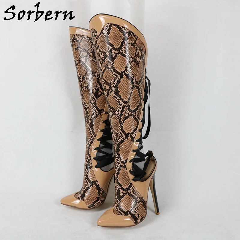 Sorbern Brown Snake Women Boots Lace Up Back High Heel Pointed Toe Stilettos Custom Calf Width Unisex Fetish Knee High Boots