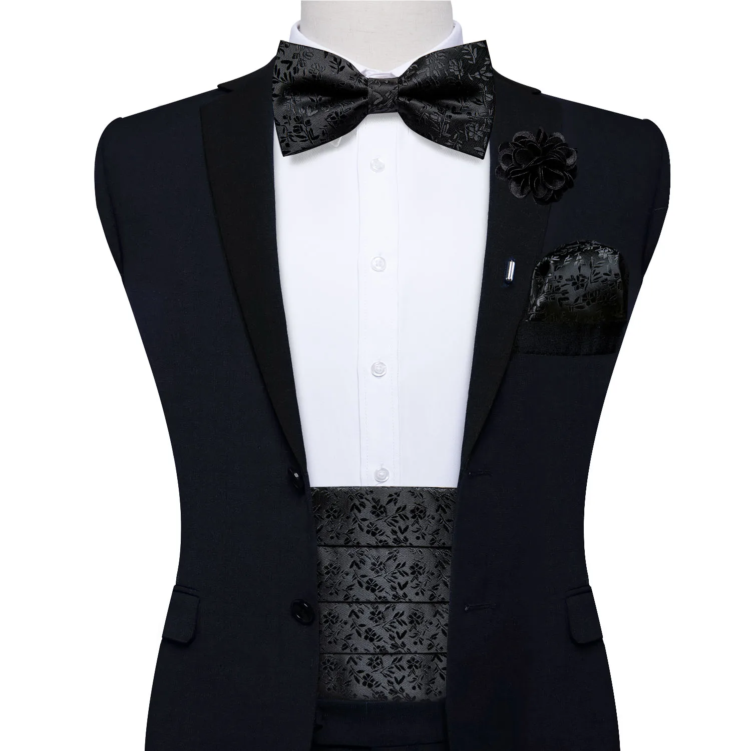 Classic Black Cummerbunds for Men Silk Floral Cummerbund Bow Tie Brooch Pin Set Elastic Wide Tuxedo Waistband Dress Belt