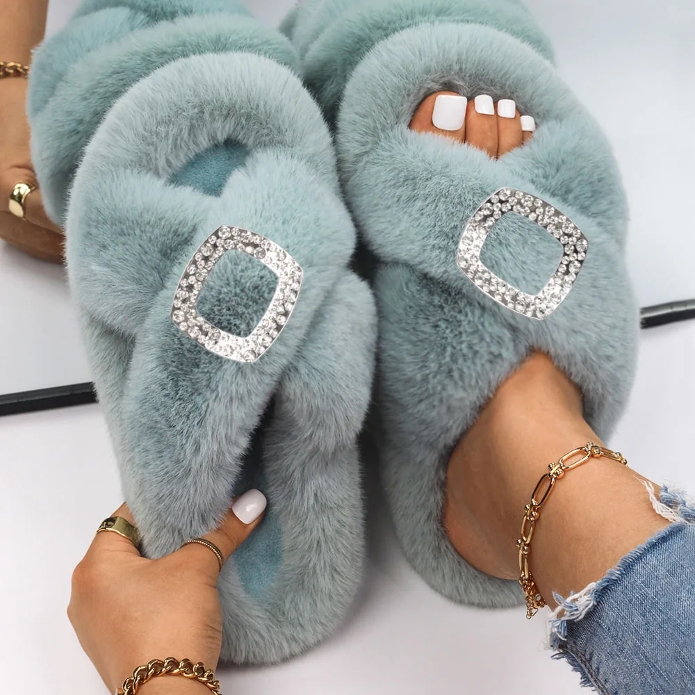 Women's Fur Slippers Fashion Rhinestone Square Buckle Furry Slides Designer Sandals Ladies Luxury Outdoor Slipper Platform Shoes