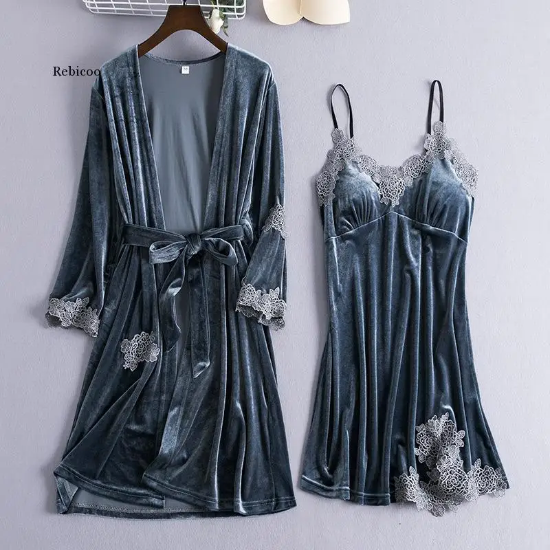 

2pcs Nightgown Sleep Set Gray Womens Velour Sleepwear Robe Kimono V-Neck Pijamas Softy Gown Sleepshirt Pajamas Suit Homewear