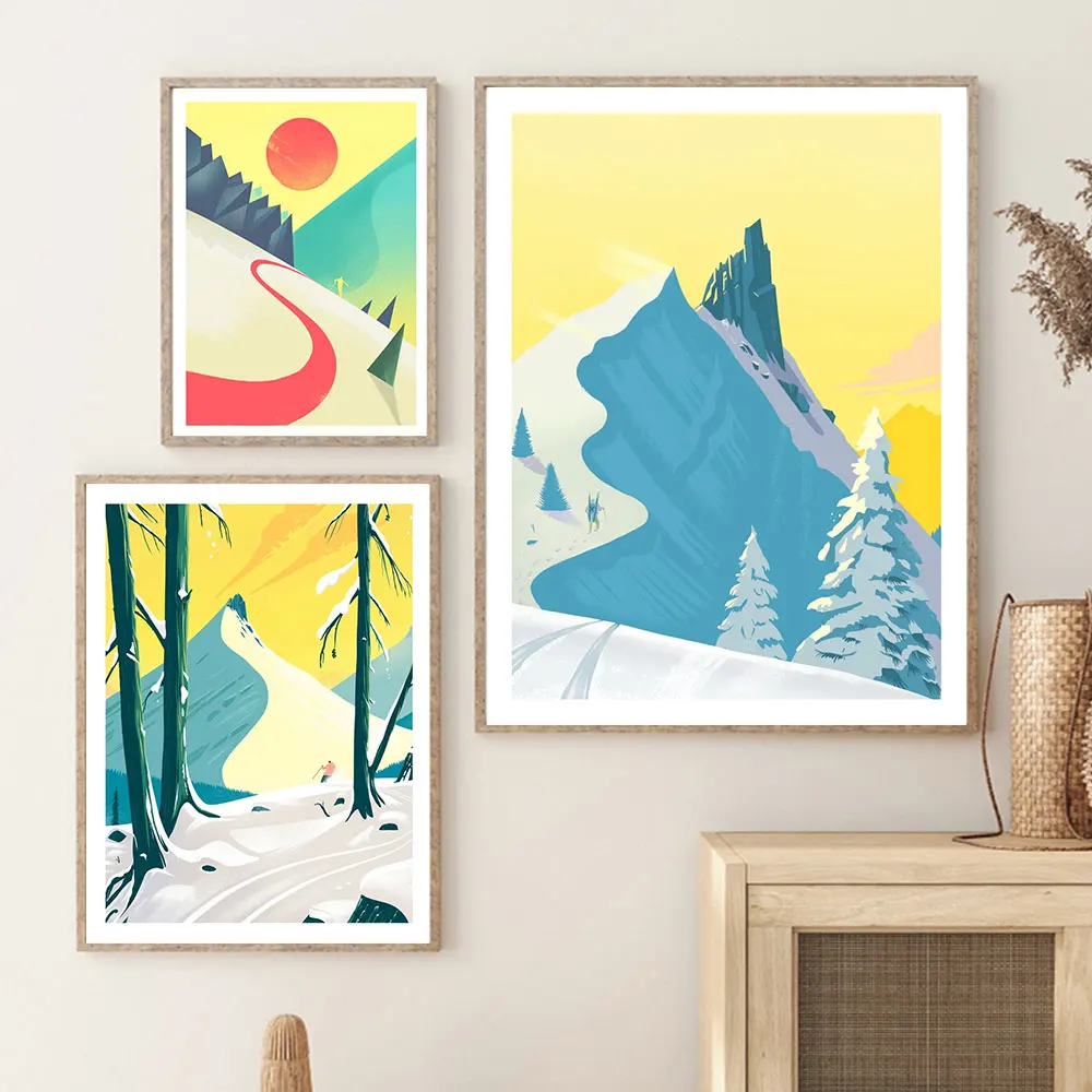 

Abstract Snow Mountain Poster Sun Skier Canvas Painting Nordic Wall Art Print Skiing Morden Picture For Living Room Decor