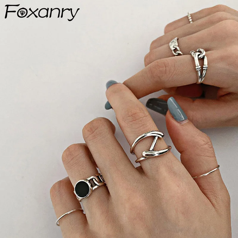 Foxanry Minimalist Stamp Opening Rings for Women Couples Fashion Creative Geometric Birthday Party Jewelry Gifts