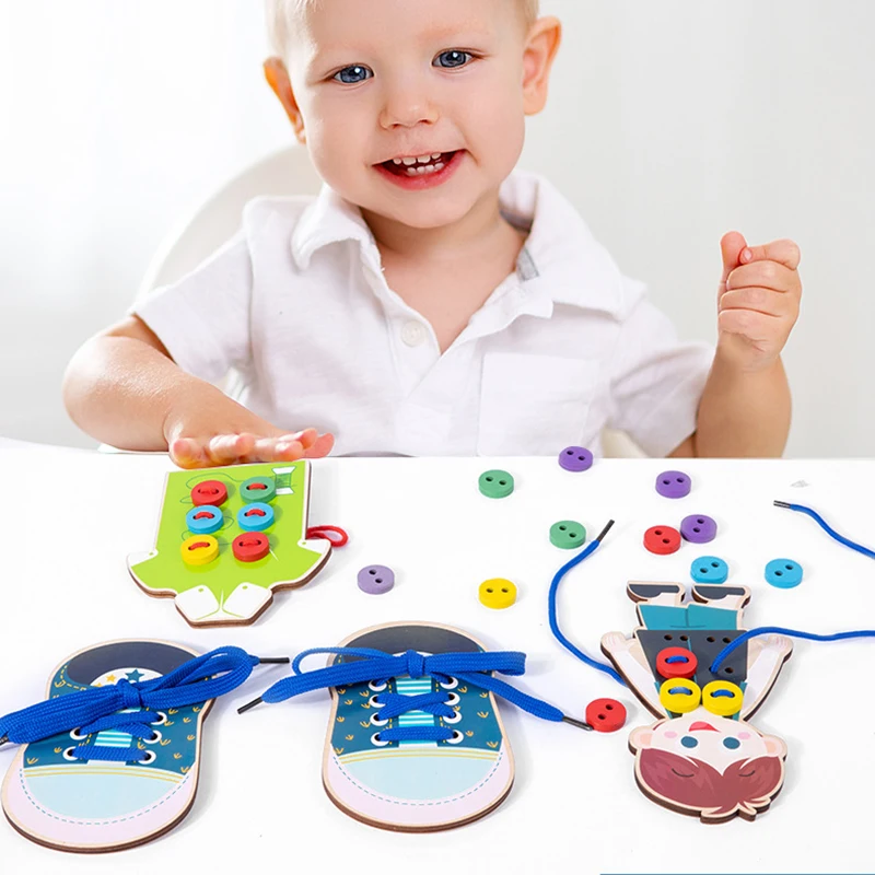 Baby Wooden Threading Board Learning Toys Montessori Stitching Button Game Educational Basic Life Skill Toys Fine Motor Training