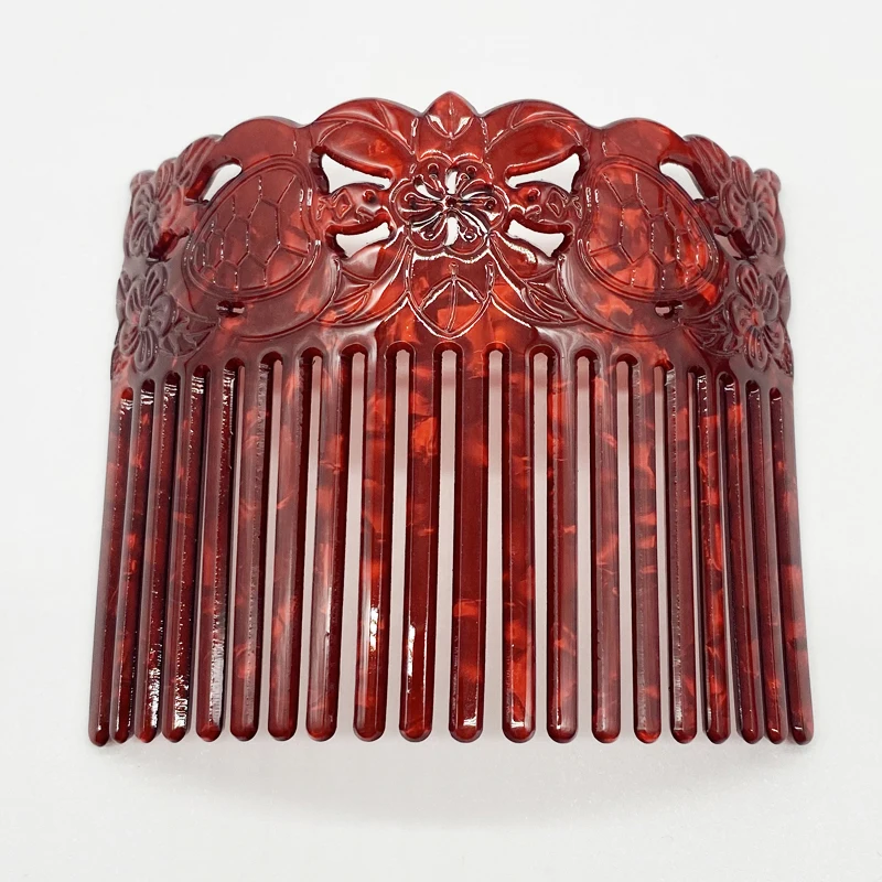 Fashion Popular Wide Hair Combs Turtle Flower Carved Acrylic Shell Combs For Ladies