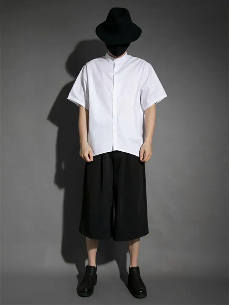Men's Short Sleeve Shirt Summer New Personality Pleated Stand Collar Pure Color Simple Loose Large Size Shirt