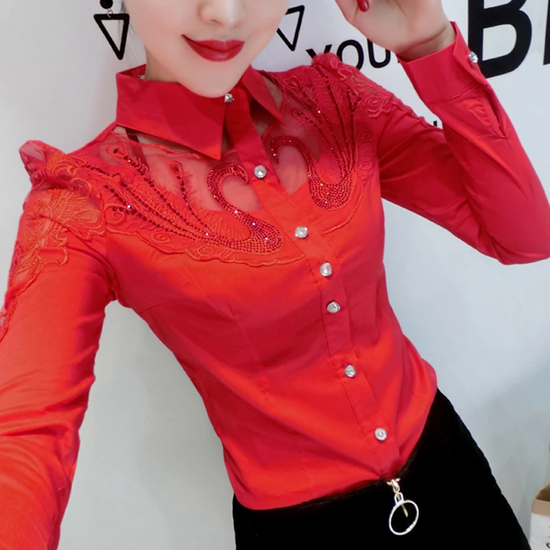 Elegant Women Long-sleeved Lace Blouse New fashion Stitching Cotton shirt Slim Single-breasted Hot drilling OL Tops