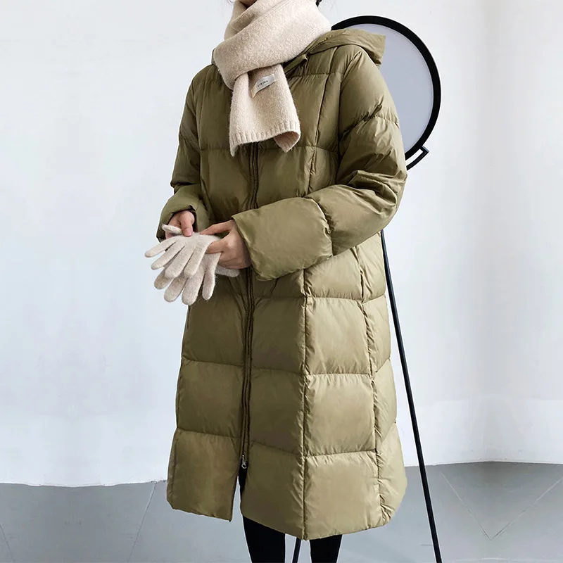 Medium Long Knee Check All Match Jacket Women's 2021 New Hooded Solid Color Chic Warm White Duck Down Coat For Fashion