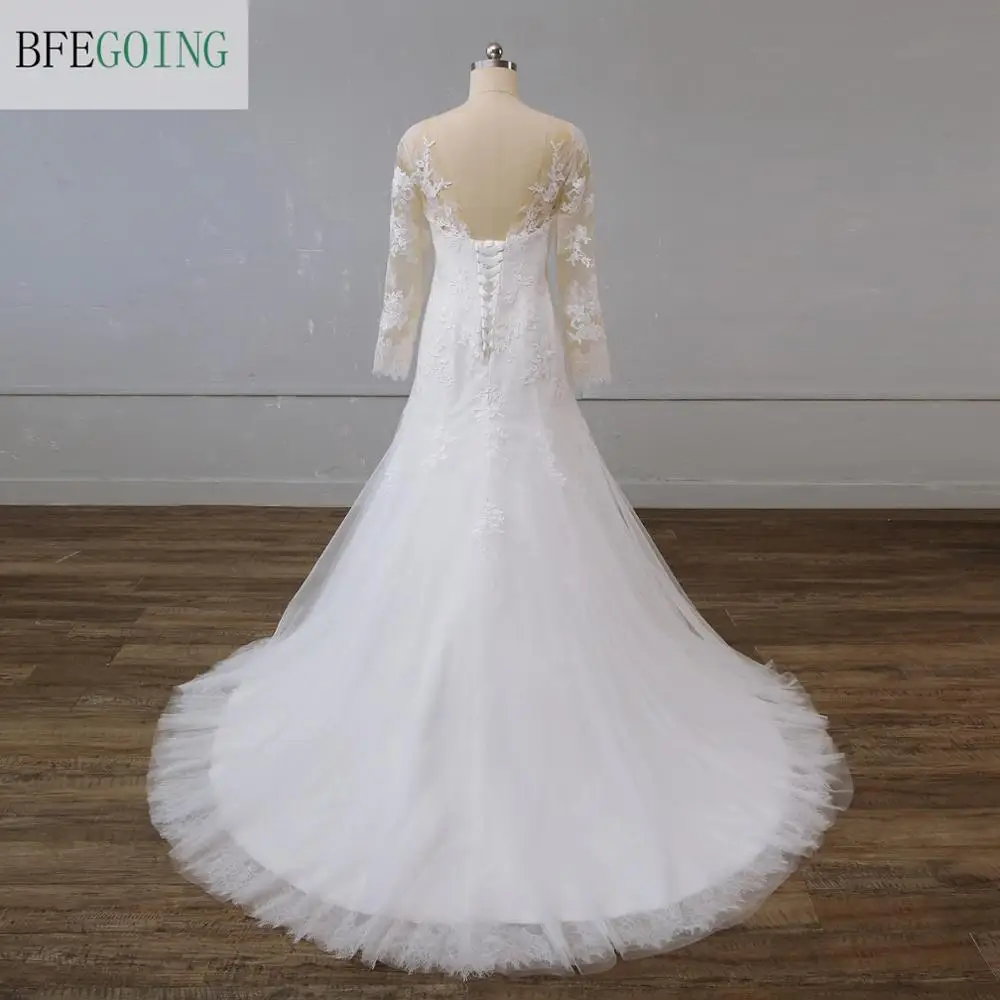 Robe de mariée en Tulle ivoire, manches longues, col en v, sirène/trompette, longueur au sol, traine de chapelle sur mesure