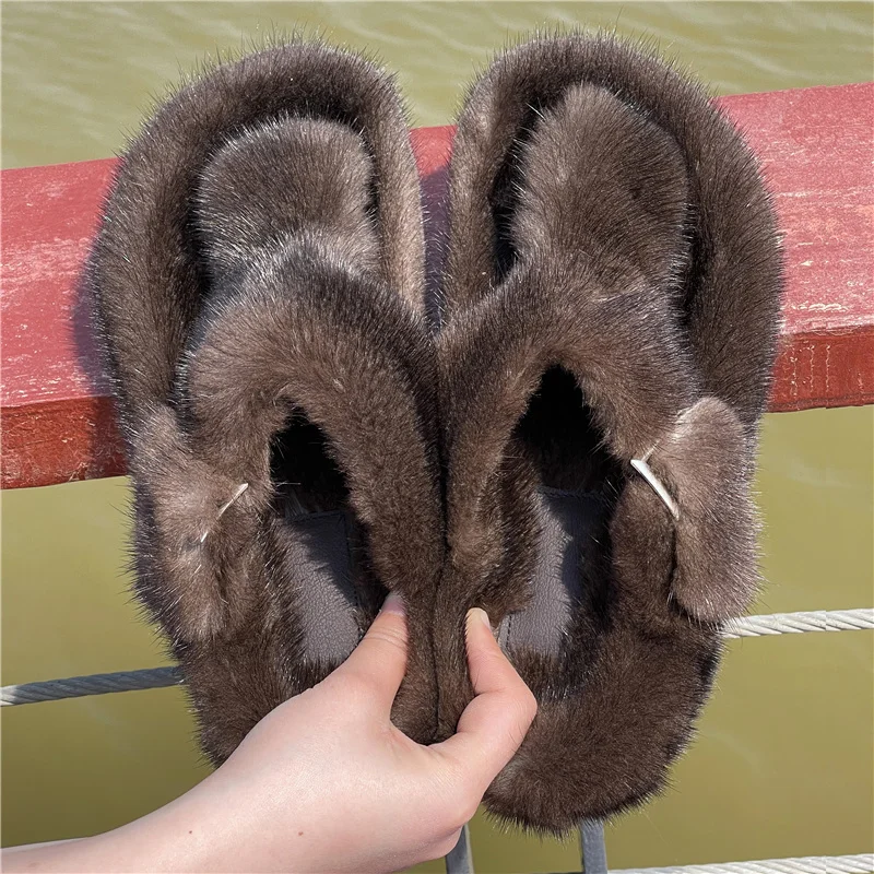 Luxury 100% Real Mink Fur Slippers For Women Shoes Ladies Slippers Women\'s Casual Real Fur Slides Flip Flop Flat Femme Shoes