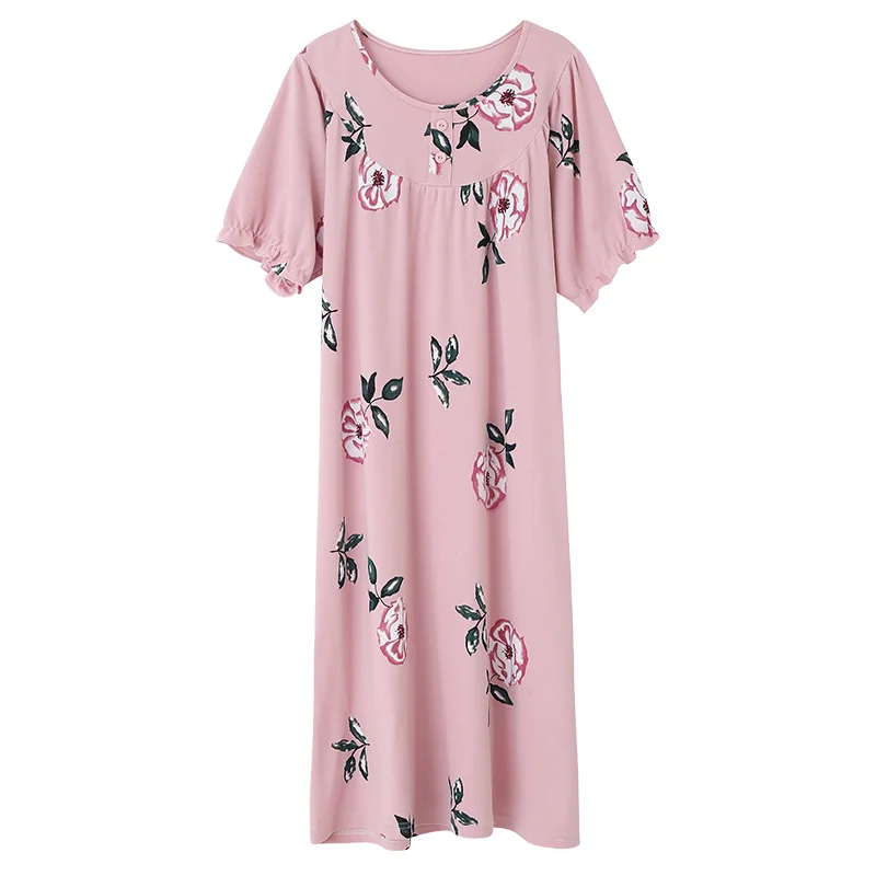 Sexy Night Dress Sleepwear Women Mid-Calf Short Sleeves Floral Night Gecelik Wear Women Round Neck Night Dress Ladies пижама