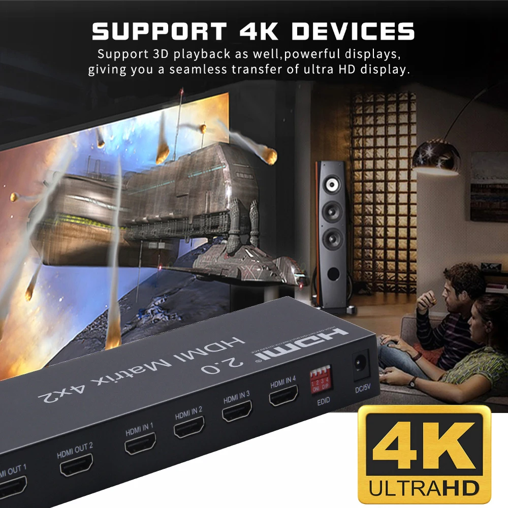 4K Hdmi Matrix Switch 4X2 Hdmi 2.0 Matrix Switch Ondersteuning 4K @ 60Hz 3D-fullhd 1080P Ondersteuning-4 Ingang 2 Uitgang Matrix Switch