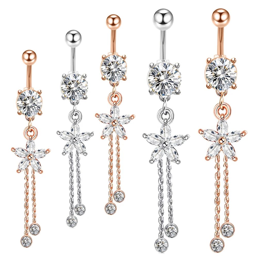 

New Zircon Fashion Surgical Stainless Steel Navel Piercing Flower Pendant Belly Button Rings Belly Piercing Body Jewely