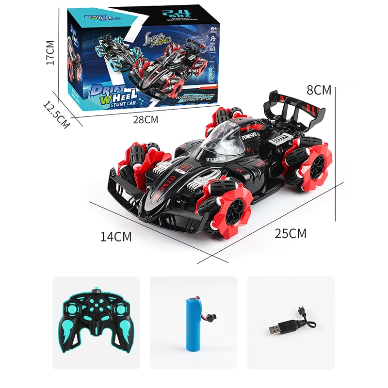 

Blue red RC race car Kid's electric stunt car toy light music spray high-speed four-wheel drive lateral drift rotary RC car