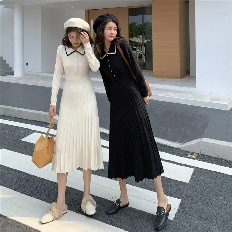 

Autumn Winter Women Long Sweater Dress A-Line Knitted Dresses Female Long Sleeve Pleated Shirt Dress Vestidos