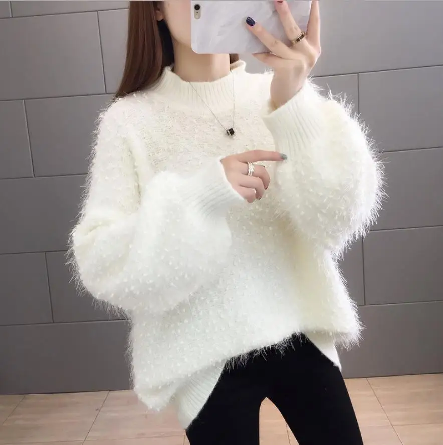 White Mohair Fur Knitted Sweater Women Pullovers 2024 New Winter Fashion Shiny Soft Warm Jumper Female Loose Sweater Casual Tops