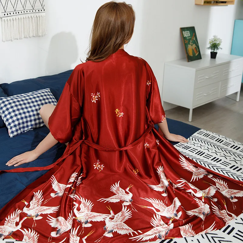 Print Crane Lady Kimono Bathrobe Gown Women Wedding Robe Loose Soft Satin Nightgown Sleepwear V-neck Long Novelty Nightwear