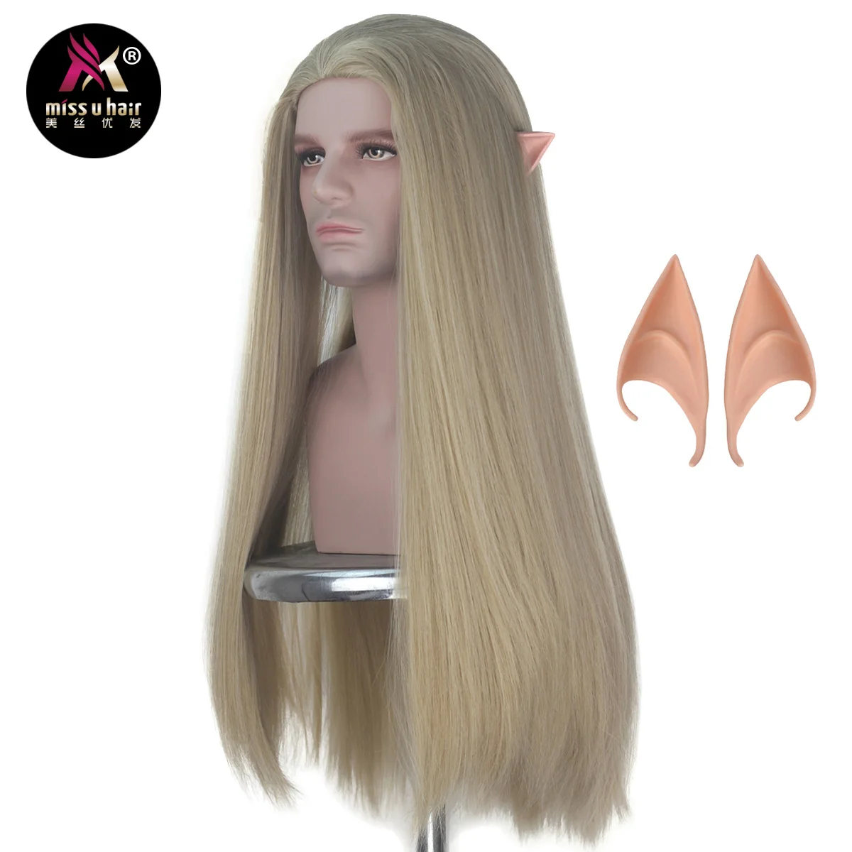 Miss U Hair Synthetic 80cm Long Straight Men Hair Ash Blonde Color Unisex Halloween Movie Cosplay Costume Wig