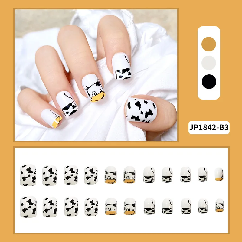 24pcs Fake Nails With Glue Cows Printed Type Short Paragraph Fashion Manicure Patch Save Time False Nails With Anime Designs