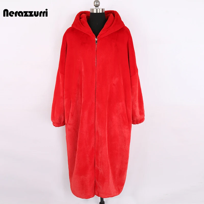 Nerazzurri Winter Long Oversized Red Warm Fluffy Faux Fur Coat Women Bat Sleeve Zipper Hood Loose Casual Korean Fashion 2021