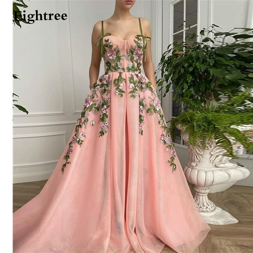 

Eightree Pink Long/Short Spaghetti Flower Evening Dresses Formal Evening Party Gowns Sleeveless Pleated Night Prom Dresses