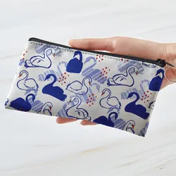 Cute Blue Swan Coin Purse Women Mini Canvas Card Holder Small Wallet Pouch Daily Storage Bag Kawaii Pen Bag Cosmetic Bag