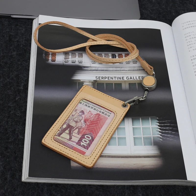 ID Badge For Office Work Genuine Leather Luxury Handmade Identity Bus Card Bag Reel Hanging Neck Wallet Cowhide Mini Purses