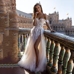 Eightree Church Sexy Champagne Wedding Dress off Shoulder Summer Beach Wedding Gowns Split Lace Bridal Dresses 2025 Customized