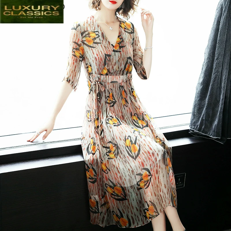 

Silk 100% Dress Real Women Long Summer Dress Floral Print Ladies Dresses Elegant Party Vestidos De Fiesta 2021 LWL1815