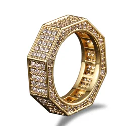 Hip Hop Micro Paved Cubic Zirconia Bling Ice Out Geometric Octagon Finger Rings for Men Rapper Jewelry Gold Silver Color