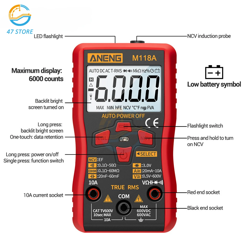 M118A Digital Multimeter AC/DC True RMS Volt Amp Ohm Voltage Resistance Universal Meter Testers Automatic Range LCD Backlight