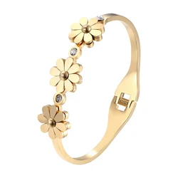 Cute Crystal And 3 Chrysanthemum Shape Bracelets & Bangle Stainless Steel Spring Open Gold Color Bangle For Women Brand Jewelry