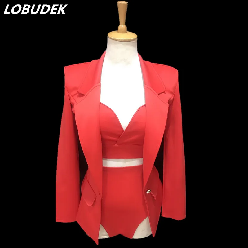 Women Suits Modern Dance Costume Red Pink Bra Coat Shorts 3 Pieces Set Jazz Dance Teams Performance Stage Outfit Nightclub DJ