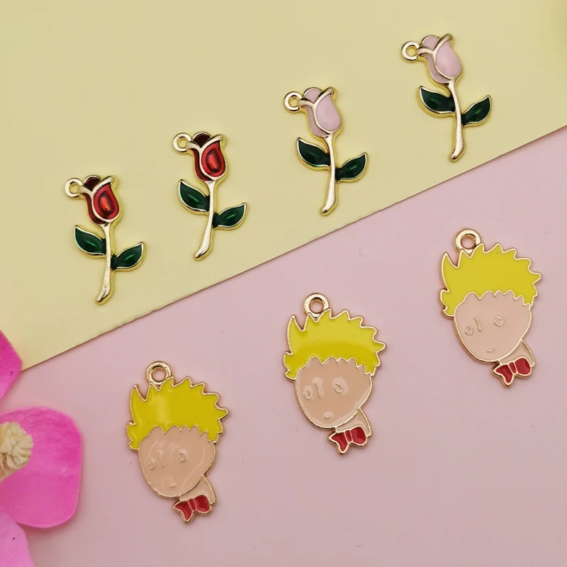 ApeUr 10PCS Cartoon Little Prince Rose Enamel Alloy Charm Earring Pendants For Jewelry Making Crafts