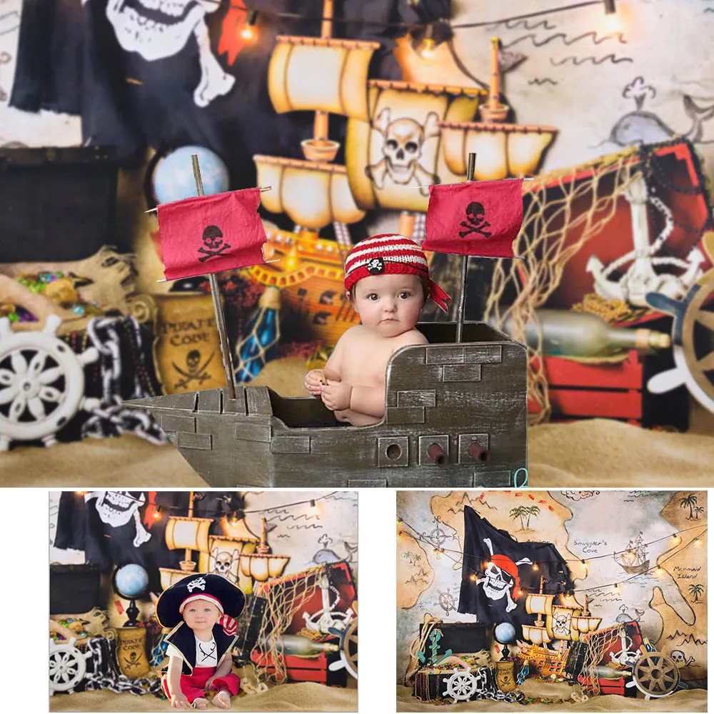 Pirate Adventure Birthday Theme Backdrop Newborn Baby Cake Smash 1st Birthday Photo Background Nautical Map Treasure gold Decor